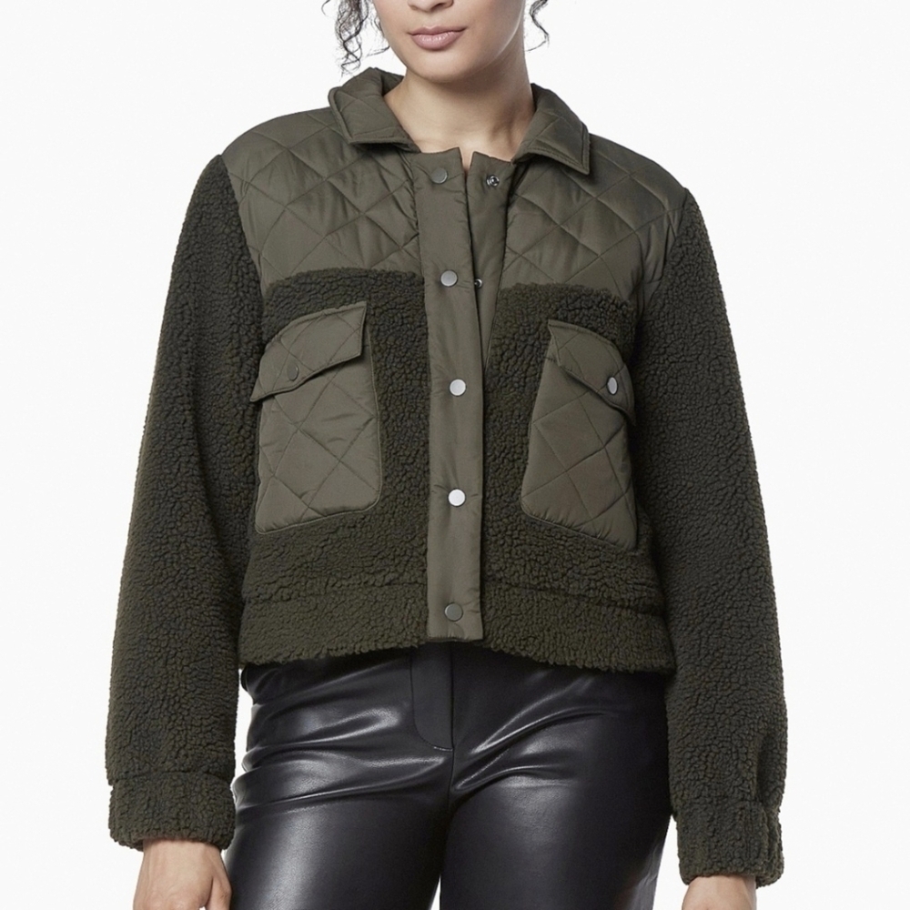 Andrew Marc Sport Women's Sherpa And Quilted Cropped Trucker Jacket Olive M